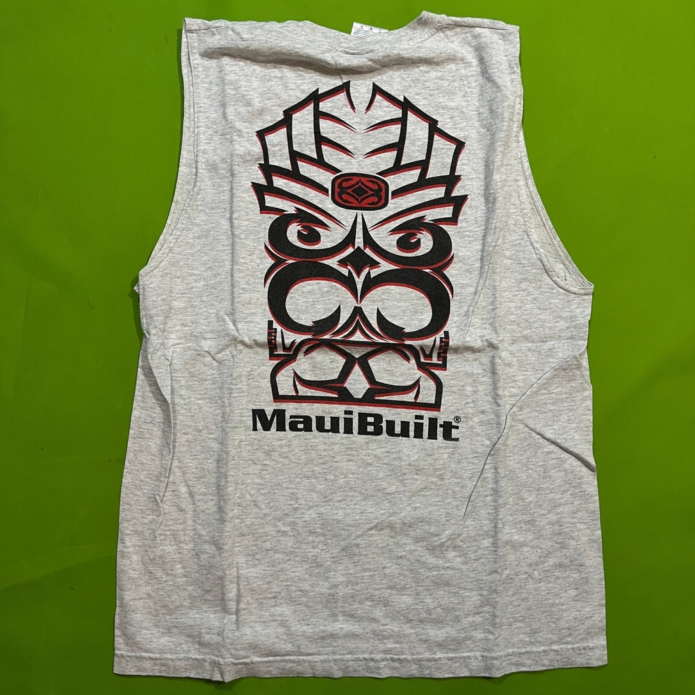 Y2K Maui Built Muscle Tee Mens Large Gray Tiki Tribal VINTAGE Sleeveless Shirt